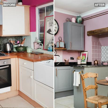 преуређивање кухиње са ружичастим зидовима-сивим јединицама и старинским намештајем