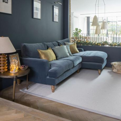 mėlyna sofa ir šviesus kilimėlis svetainėje