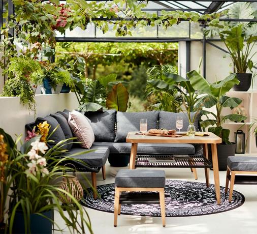 חממה ירוקה עם ספה פינתית וצמחים