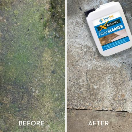 Слика пре прљаве терасе и слика после која приказује исту терасу једном очишћену средством за чишћење дворишта