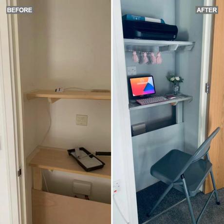 Вентилятор DIY перетворює кімнату для сміття у стильний домашній офіс шафи