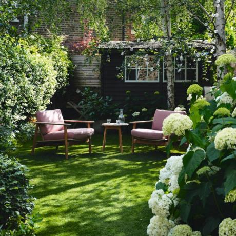 Zonă de relaxare în grădină, înconjurată de copaci și paturi de flori cu hortensii albe și verzi. Casa terasată cu patru etaje a designerului de interior Susan Hoodless și Erskine Berry, în vestul Londrei.