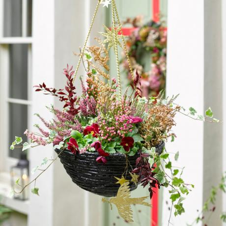 Ideas de cestas colgantes navideñas para agregar alegría floral festiva a los exteriores