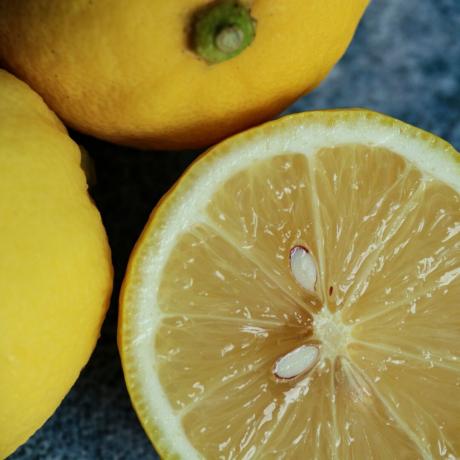 En närbild av en skuren citron, tillsammans med två oslipade citroner. Frön är synliga.