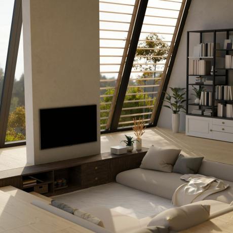 Design d'intérieur de salon moderne et contemporain en contrebas avec canapé confortable, TV au mur