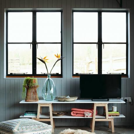 Telewizor na stojaku w malowanym salonie, duże okna, stolik kawowy