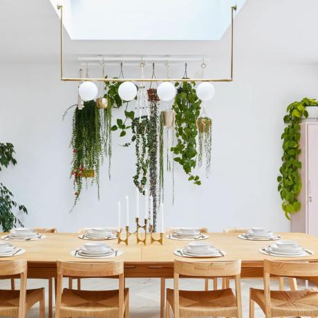 Zonă de luat masa cu masă din lemn și plante suspendate și lumini suspendate deasupra