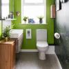 Žalias ir pilkas vonios kambario pertvarkymas su vešlia lapija