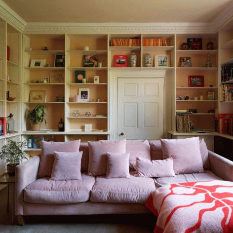 Rožinė sofa su įmontuotomis lentynomis