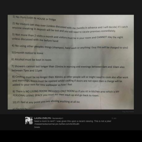 Fatigué des règles de la maison? Laura Evelyn a publié cette liste de demandes qu'elle a reçues de son propriétaire potentiel sur Twitter @lauraevelyn1