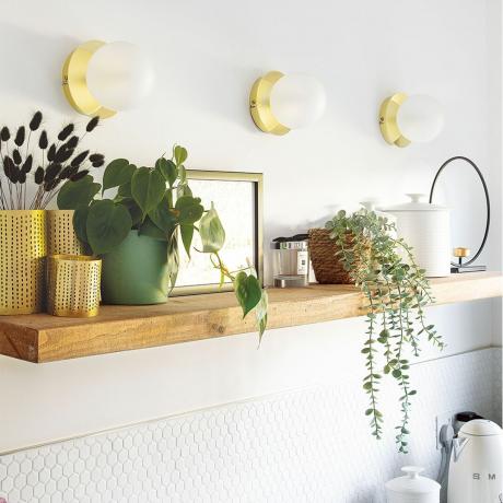나무 선반과 식물이 있는 흰색 부엌 벽