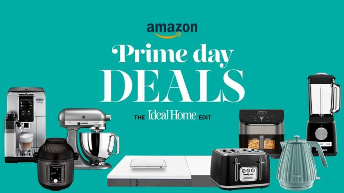 Amazon Prime Day-afbeelding met meerdere huishoudelijke apparaten op een groene achtergrond