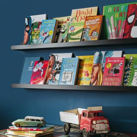 Książki dla dzieci wyświetlane na półkach na ciemnej pomalowanej ścianie