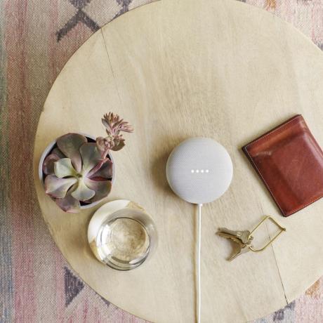 Google Nest Mini na drewnianym stoliku obok doniczki i portfela