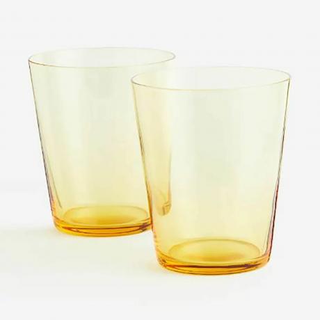 Geltonos skaidraus dizaino stiklinės iš H&M Home.