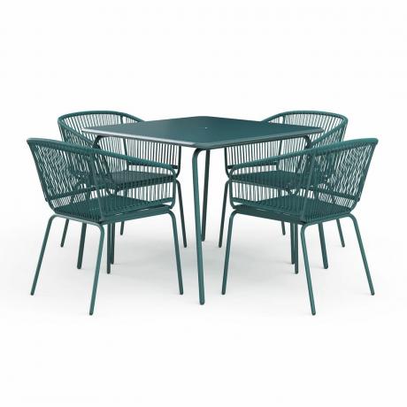 Ein blaugrüner Gartentisch und ein Set aus vier Stühlen