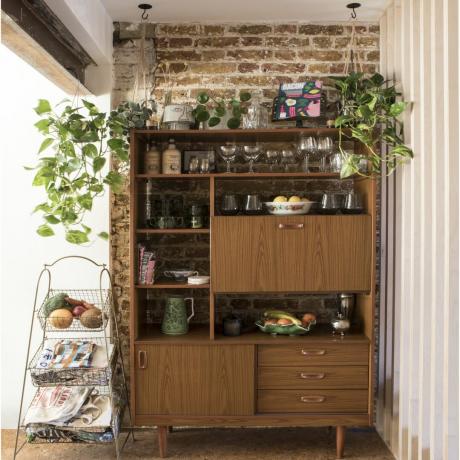 食器棚、緑の植物、水差しを備えた木製の棚ユニット、マガジン ラックの隣