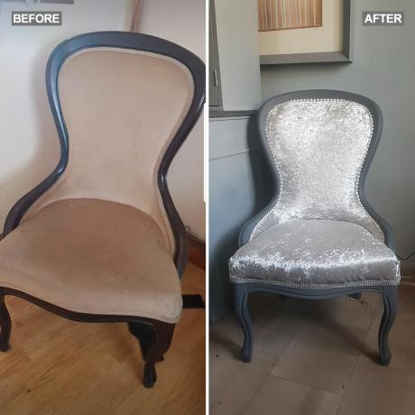 Genius DIY Chair hack zmienia matowe brązowe krzesło w srebrną zawieszkę