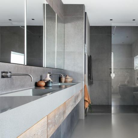 Ett modernt badrum med rektangulära speglar på vägg med LED-belysning, gråa stora väggplattor och duschvägg med glasdörr