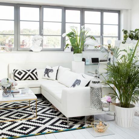 vitt vardagsrum med grå fönsterkarmar