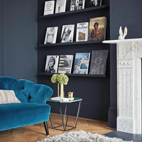 غرفة معيشة باللون الأزرق الداكن مع جدار صور يتم إنشاؤه باستخدام أرفف صور مطلية لتتناسب مع الجدران