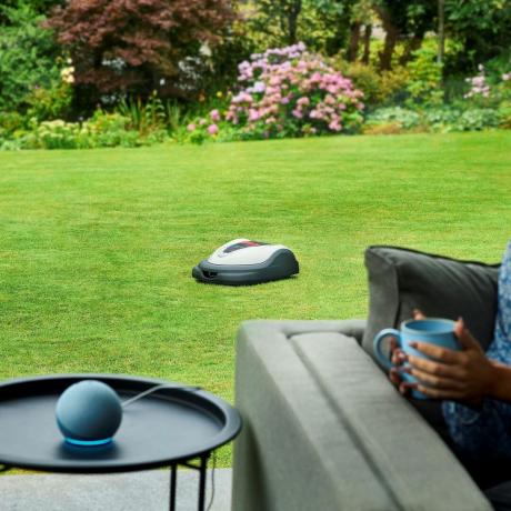 умный робот-пылесос робот-газонокосилка в саду на большой лужайке