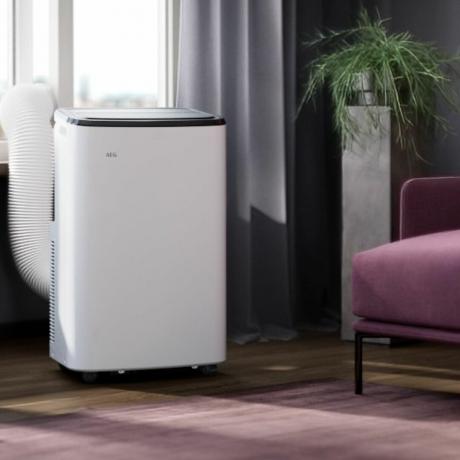 Baltas nešiojamas oro kondicionierius šalia kambarinio augalo ir violetinės sofos