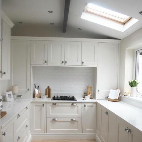 Pilnībā balta virtuve ar nelielu jumta logu