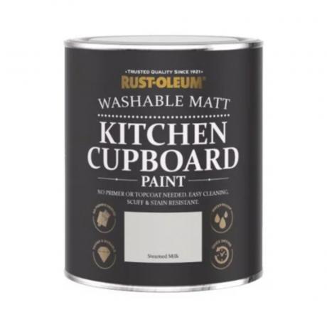 Una lata de pintura Rust-Oleum para armarios de cocina en mate 'Steamed Milk'