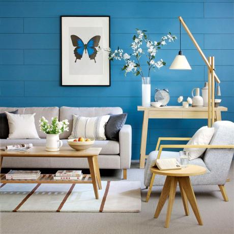 Obývací pokoj s modře obloženou stěnou a světle šedými pohovkami a kobercem plus dřevěné akcenty