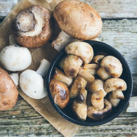 Vários tipos de cogumelos crus e cozidos na mesa e na tigela