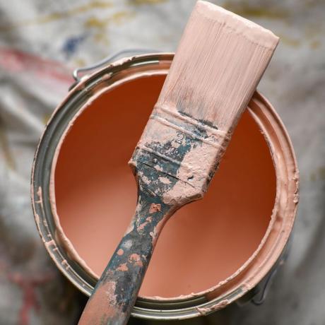 Abra la lata de pintura de melocotón con pincel