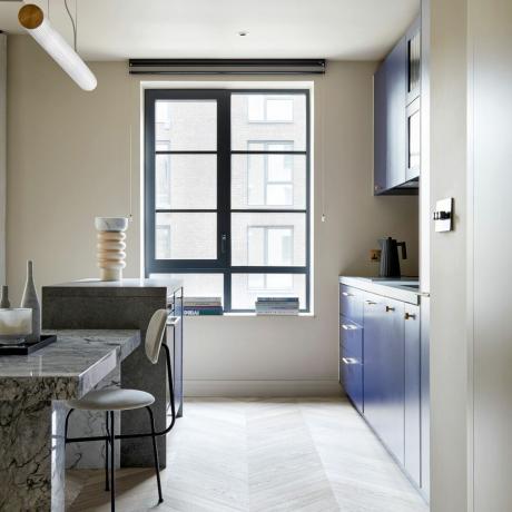 Moderni virtuvė su mėlynais virtuvės elementais, didelis langas su žaliuzėmis