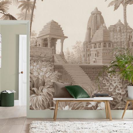graham och brunt tempel fototapet i ett vardagsrum med krukväxter och bänk