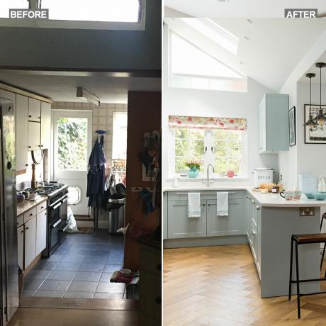 Virtuvės virtuvės pertvarkymas su šviesiai mėlynomis spintelėmis, stogo žibintas ir parketo grindys