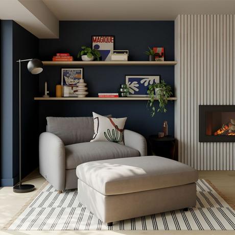 Moderne grijze woonkamerideeën met donker geschilderde nis en houten lambrisering