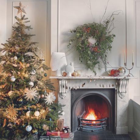 Woonkamer met traditionele kerstboom en open haard
